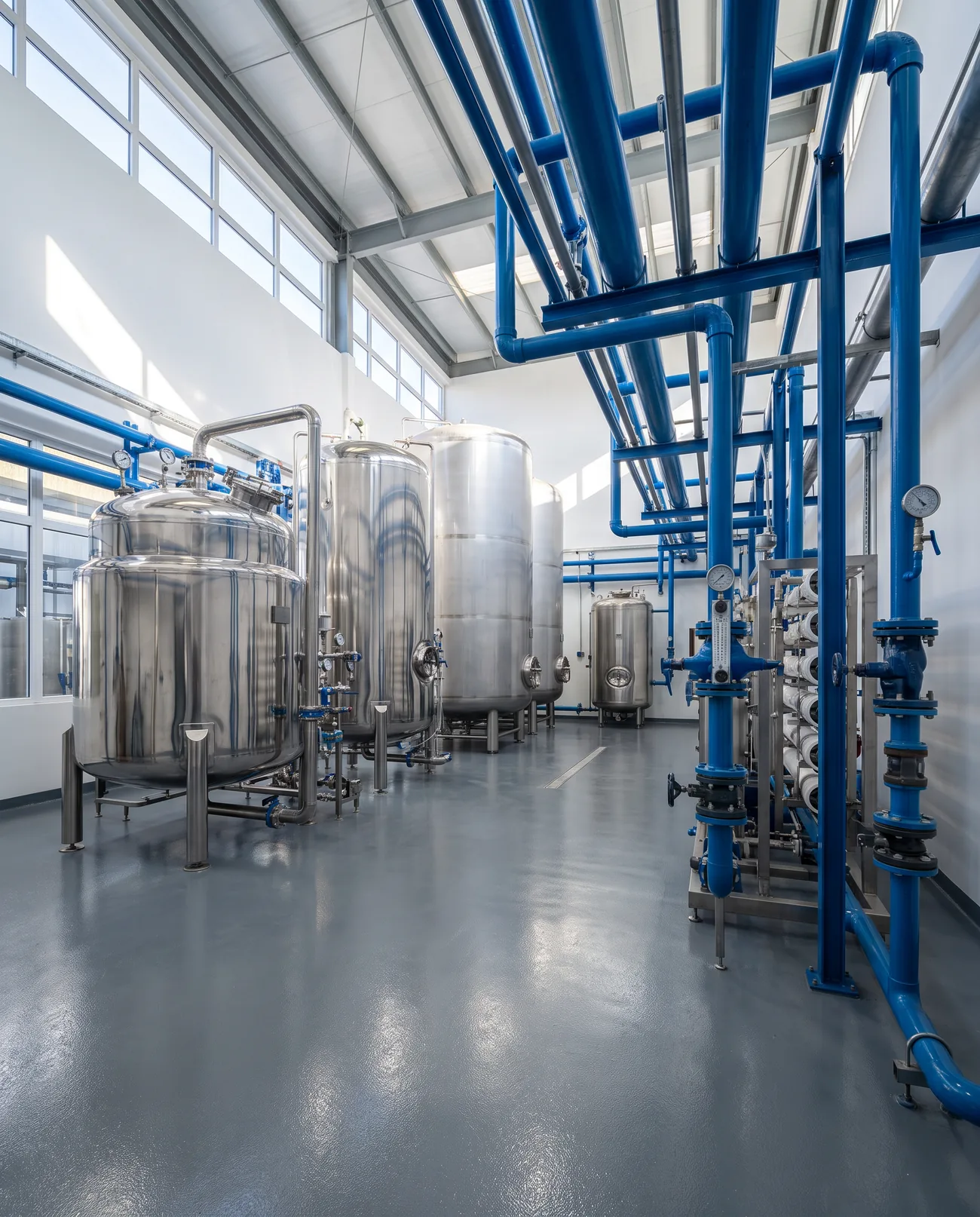 Stainless pressure vessels and filtration skids in a water treatment plant room